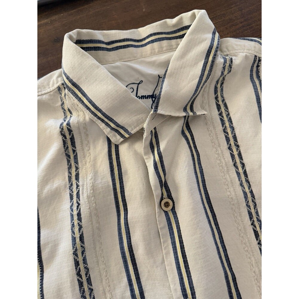 Tommy Bahama Shirt Mens 2XL Cream Striped Short Sleeve Button Up Silk Relaxed